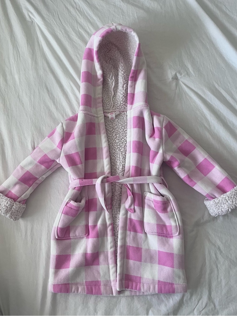 Joe Fresh Pink and White Buffalo-Check Hooded Kids Robe 3T